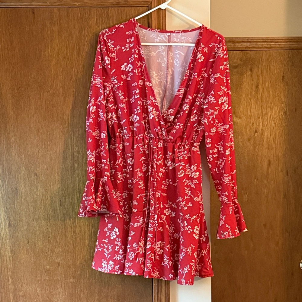 Floral Red Long Sleeve Dress